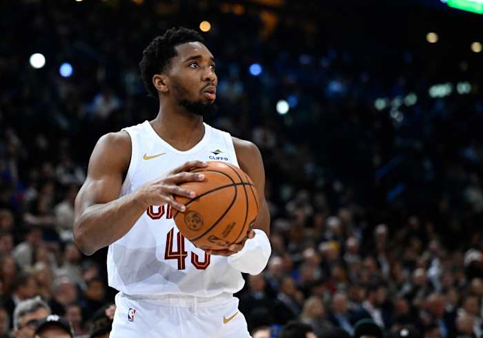 Jan 11, 2024; Paris, FRANCE; Cleveland Cavaliers guard Donovan Mitchell (45) in action against the Brooklyn Nets in the NBA Paris Game at AccorHotels Arena. Mandatory Credit: Alexis Reau/Presse Sports via USA TODAY Sports